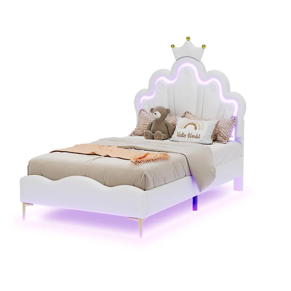Simple Life Lit Capitonné 90 X 200 Cm,en Forme De Couronne,en Cuir Pu,lit LED Avec Sommier à Lattes,blanc* Lit Coffre