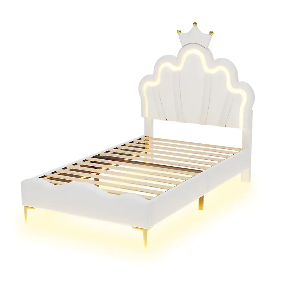 Simple Life Lit Capitonné 90 X 200 Cm,en Forme De Couronne,en Cuir Pu,lit LED Avec Sommier à Lattes,blanc* Lit Coffre