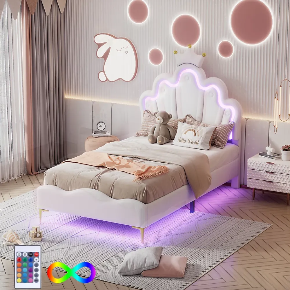Simple Life Lit Capitonné 90 X 200 Cm,en Forme De Couronne,en Cuir Pu,lit LED Avec Sommier à Lattes,blanc* Lit Coffre