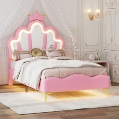 Lit Capitonné 90 X 200 Cm,en Forme De Couronne,en Cuir Pu,lit LED Avec Sommier à Lattes,rose><noscript><img width=