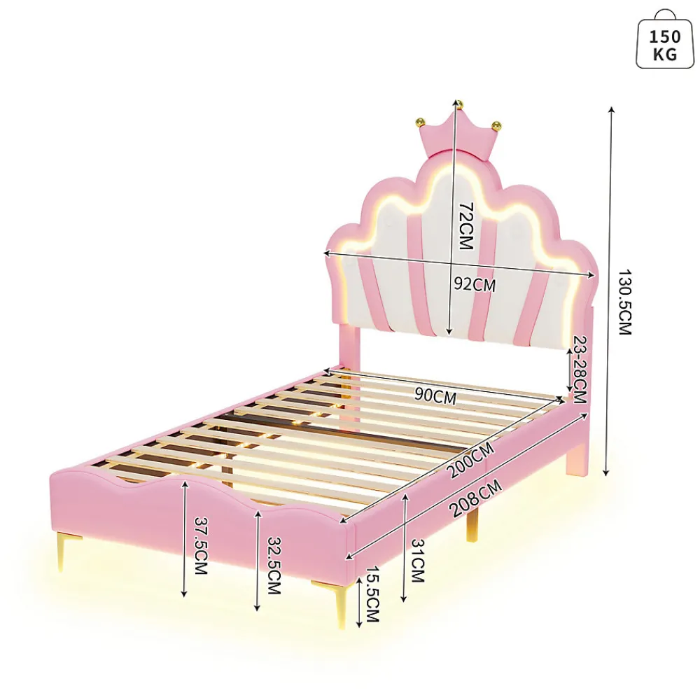 Lit Capitonné 90 X 200 Cm,en Forme De Couronne,en Cuir Pu,lit LED Avec Sommier à Lattes,rose>Simple Life Outlet