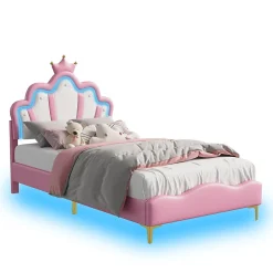 Lit Capitonné 90 X 200 Cm,en Forme De Couronne,en Cuir Pu,lit LED Avec Sommier à Lattes,rose><noscript><img width=