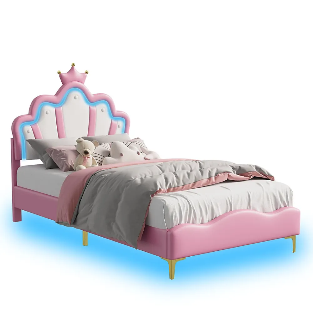 Lit Capitonné 90 X 200 Cm,en Forme De Couronne,en Cuir Pu,lit LED Avec Sommier à Lattes,rose>Simple Life Outlet
