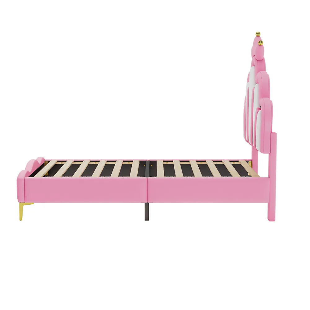 Lit Capitonné 90 X 200 Cm,en Forme De Couronne,en Cuir Pu,lit LED Avec Sommier à Lattes,rose>Simple Life Outlet