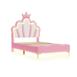Lit Capitonné 90 X 200 Cm,en Forme De Couronne,en Cuir Pu,lit LED Avec Sommier à Lattes,rose><noscript><img width=