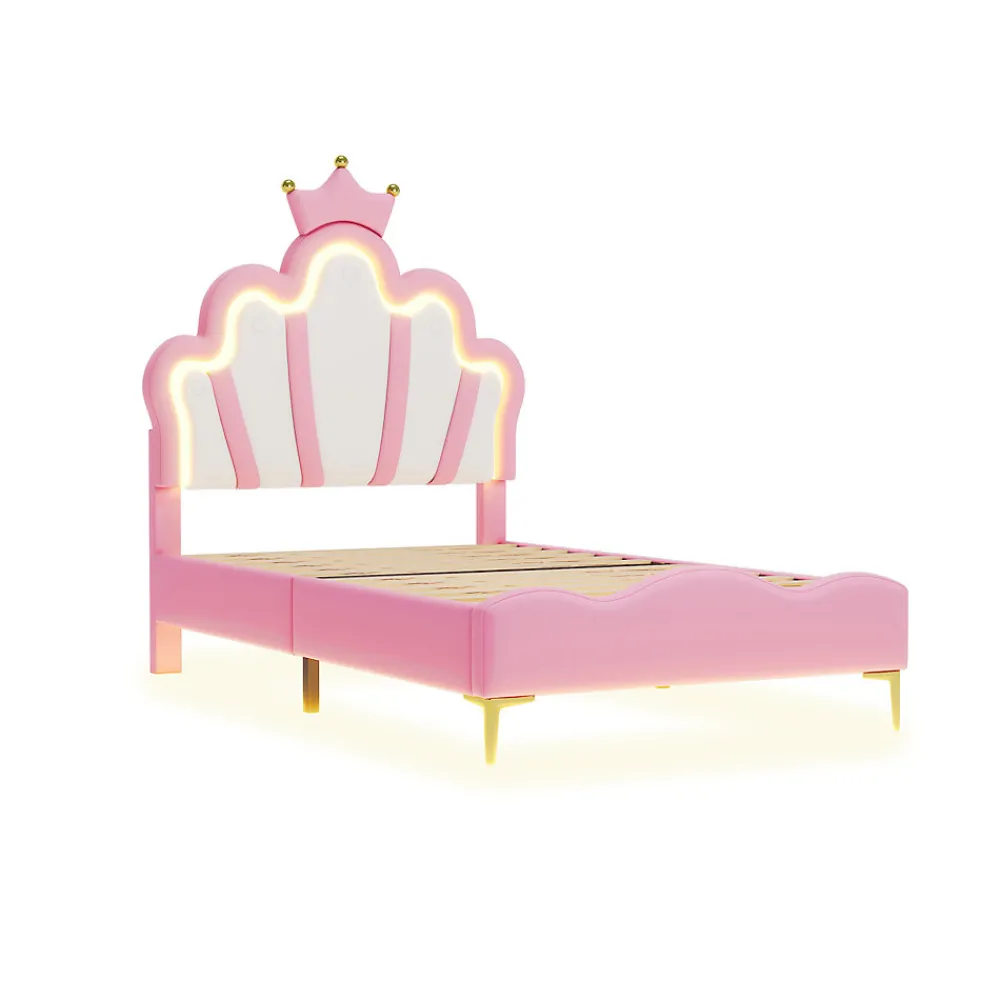 Lit Capitonné 90 X 200 Cm,en Forme De Couronne,en Cuir Pu,lit LED Avec Sommier à Lattes,rose>Simple Life Outlet