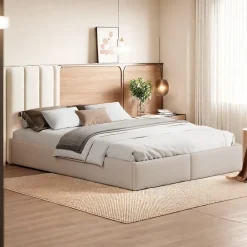 ProximaX Lit capitonné 140 x 200cm, lit plateforme, lit capitonné sans tête de lit, avec rangement hydraulique et 2 tiroirs, beige* Lit Coffre