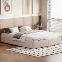 ProximaX Lit capitonné 140 x 200cm, lit plateforme, lit capitonné sans tête de lit, avec rangement hydraulique et 2 tiroirs, beige* Lit Coffre
