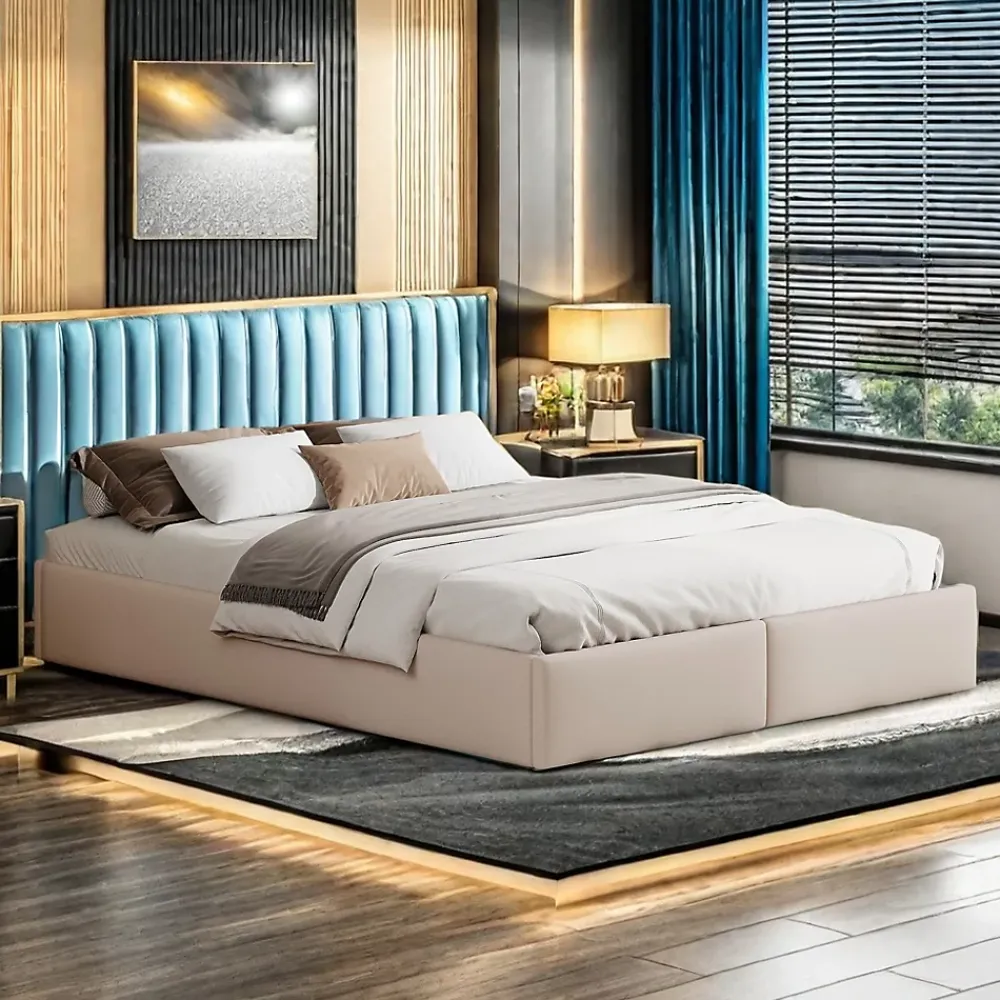 ProximaX Lit capitonné 140 x 200cm, lit plateforme, lit capitonné sans tête de lit, avec rangement hydraulique et 2 tiroirs, beige* Lit Coffre
