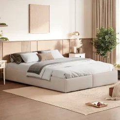 ProximaX Lit capitonné 140 x 200cm, lit plateforme, lit capitonné sans tête de lit, avec rangement hydraulique et 2 tiroirs, beige* Lit Coffre