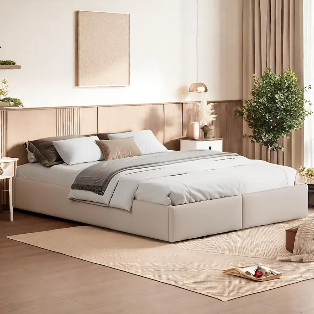 ProximaX Lit capitonné 140 x 200cm, lit plateforme, lit capitonné sans tête de lit, avec rangement hydraulique et 2 tiroirs, beige* Lit Coffre