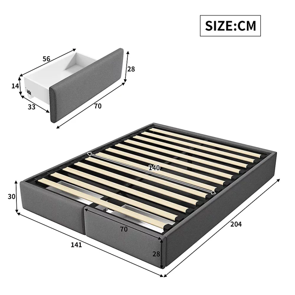 ProximaX Lit capitonné 140 x 200cm, lit plateforme, lit capitonné sans tête de lit, avec rangement hydraulique et 2 tiroirs, gris* Lit Coffre