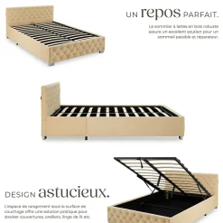 Tectake Lit capitonné avec bandes LED et espace de rangement 140x200 beige* Lit Double