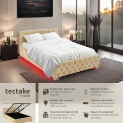 Tectake Lit capitonné avec bandes LED et espace de rangement 140x200 beige* Lit Double