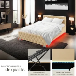 Tectake Lit capitonné avec bandes LED et espace de rangement 140x200 beige* Lit Double