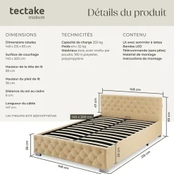 Tectake Lit capitonné avec bandes LED et espace de rangement 140x200 beige* Lit Double