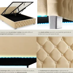 Tectake Lit capitonné avec bandes LED et espace de rangement 140x200 beige* Lit Double
