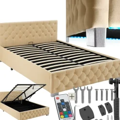 Tectake Lit capitonné avec bandes LED et espace de rangement 140x200 beige* Lit Double