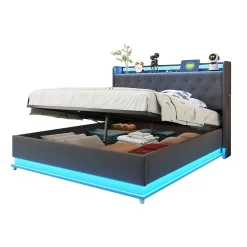 Lit capitonné LED 140 sur 200 cm avec port USB et rangement hydraulique en tissu lin gris doux pour la peau>Redom Outlet