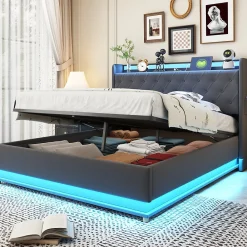 Lit capitonné LED 140 sur 200 cm avec port USB et rangement hydraulique en tissu lin gris doux pour la peau>Redom Outlet