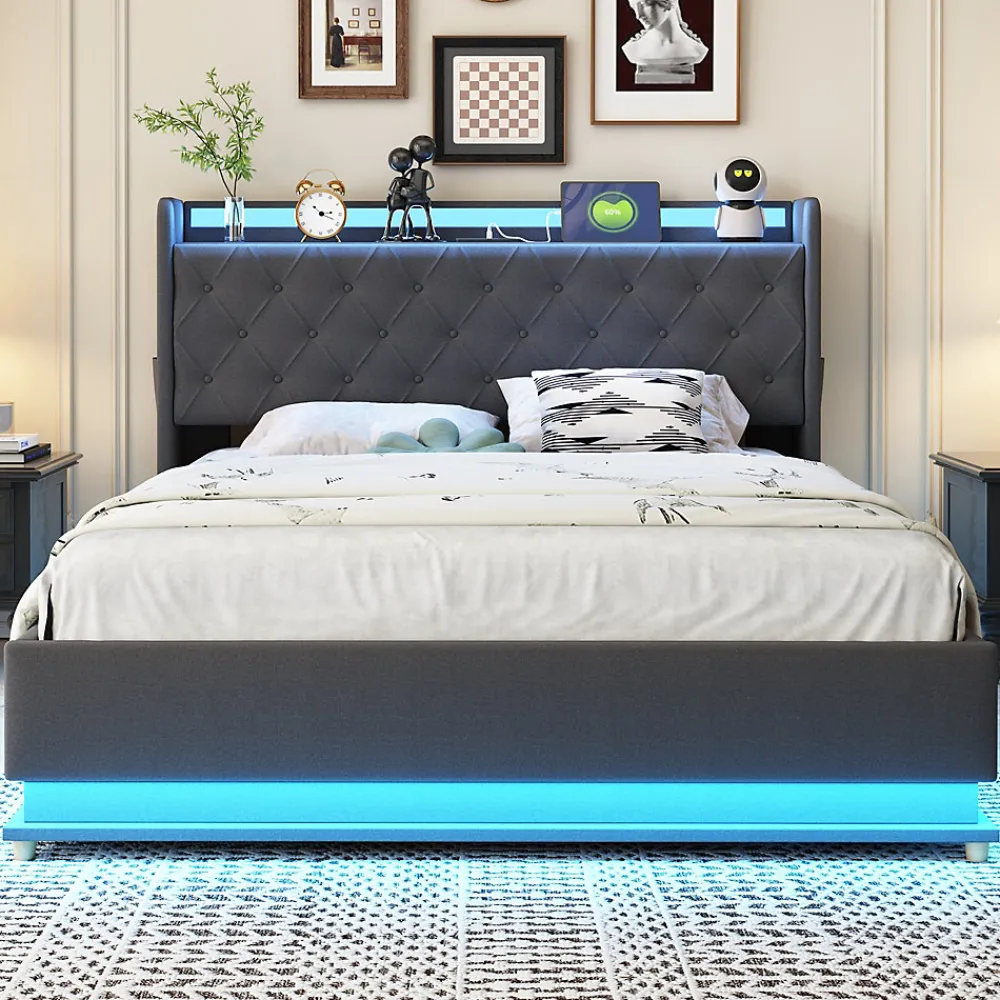 Lit capitonné LED 140 sur 200 cm avec port USB et rangement hydraulique en tissu lin gris doux pour la peau>Redom Outlet