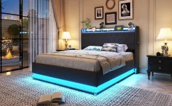 Lit capitonné LED 140 sur 200 cm avec port USB et rangement hydraulique en tissu lin gris doux pour la peau><noscript><img width=