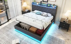 Lit capitonné LED 140 sur 200 cm avec port USB et rangement hydraulique en tissu lin gris doux pour la peau><noscript><img width=
