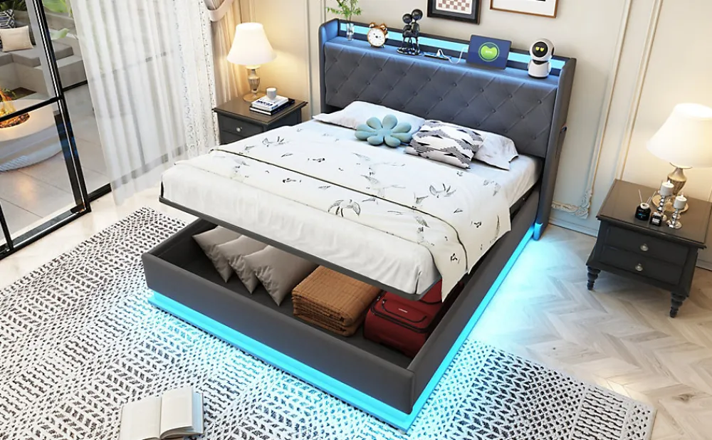 Lit capitonné LED 140 sur 200 cm avec port USB et rangement hydraulique en tissu lin gris doux pour la peau>Redom Outlet