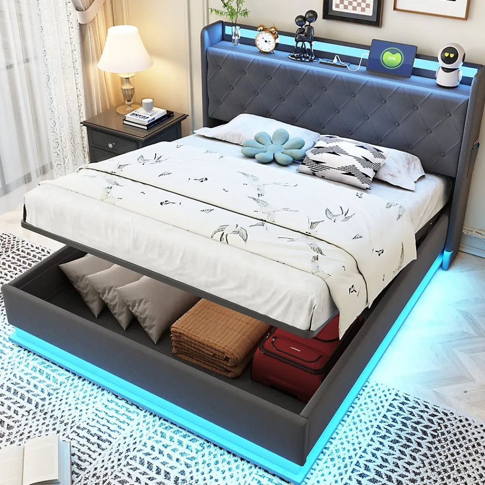 Lit capitonné LED 140 sur 200 cm avec port USB et rangement hydraulique en tissu lin gris doux pour la peau>Redom Outlet