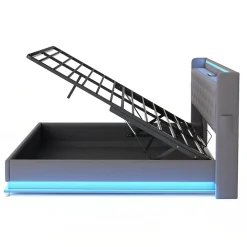 Lit capitonné LED 140 sur 200 cm avec port USB et rangement hydraulique en tissu lin gris doux pour la peau><noscript><img width=