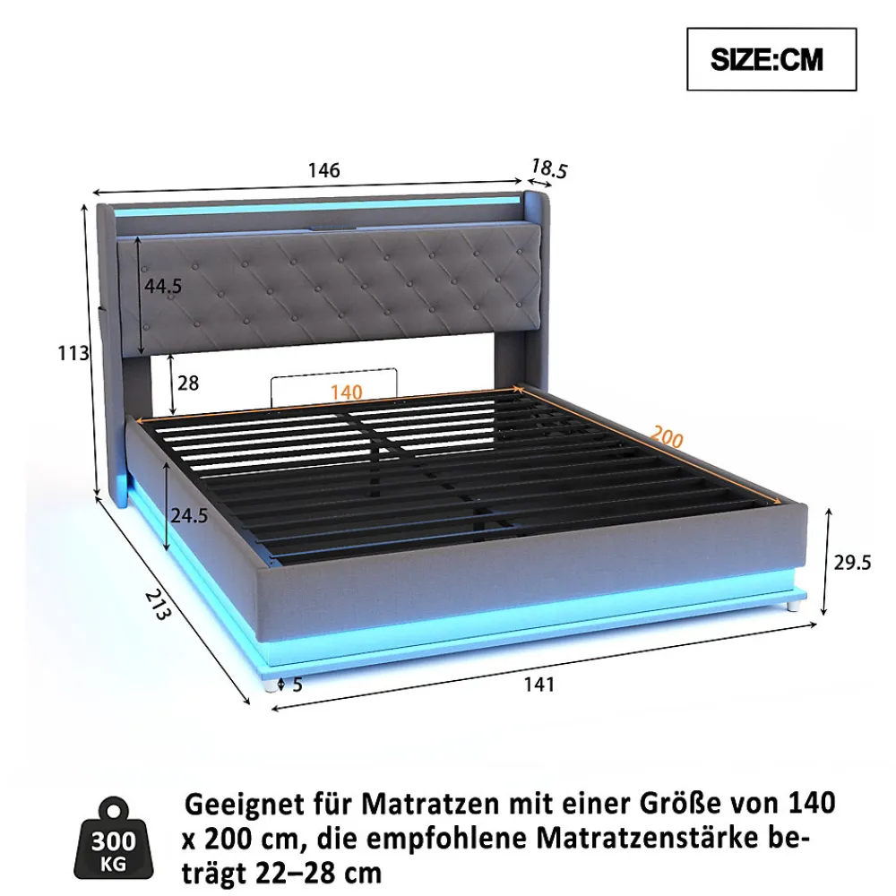 Lit capitonné LED 140 sur 200 cm avec port USB et rangement hydraulique en tissu lin gris doux pour la peau>Redom Outlet