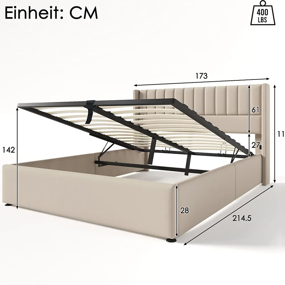 Simple Life Lit capitonné,160 x 200 cm, avec sommier à lattes hydraulique, avec espace de rangement,beige* Lit Coffre