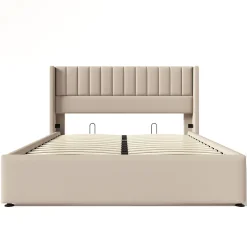 Lit capitonné,160 x 200 cm, avec sommier à lattes hydraulique, avec espace de rangement,beige><noscript><img width=