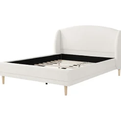 ModernLuxe Lit capitonné 140x190 cm - Tête de lit à oreilles - Pieds en bois d'hévéa - Sommier à lattes - Tissu bouclé - Blanc(sans matelas)* Lit Double