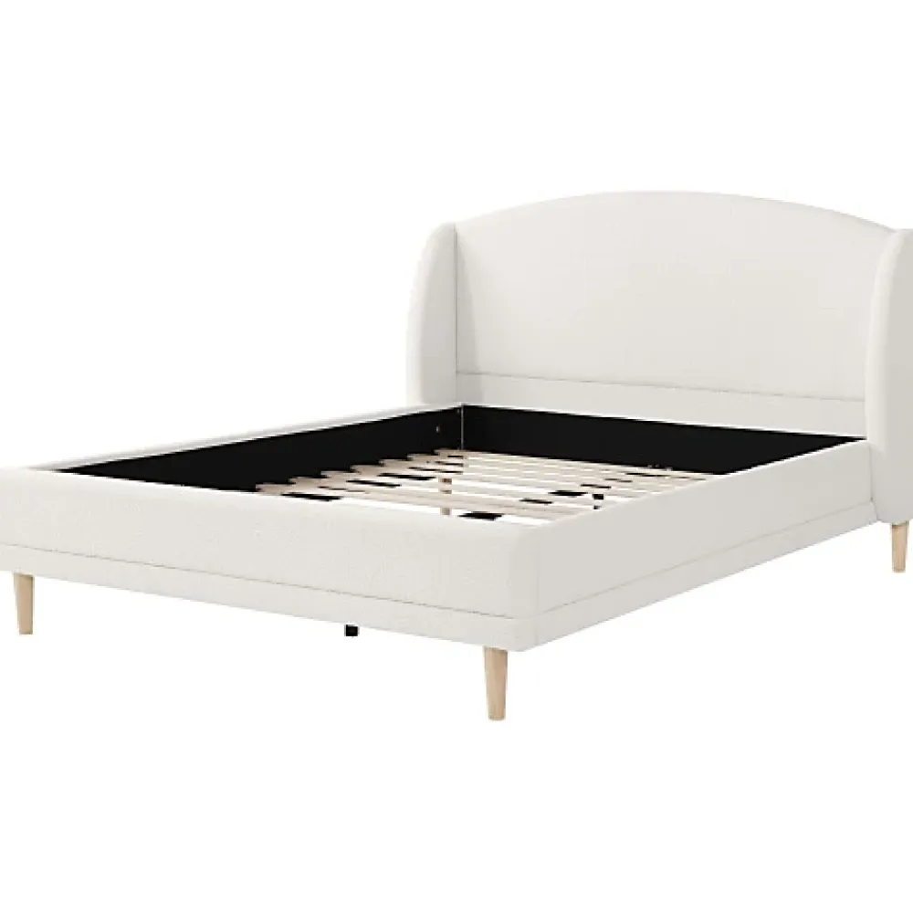 ModernLuxe Lit capitonné 140x190 cm - Tête de lit à oreilles - Pieds en bois d'hévéa - Sommier à lattes - Tissu bouclé - Blanc(sans matelas)* Lit Double