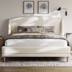 ModernLuxe Lit capitonné 140x190 cm - Tête de lit à oreilles - Pieds en bois d'hévéa - Sommier à lattes - Tissu bouclé - Blanc(sans matelas)* Lit Double