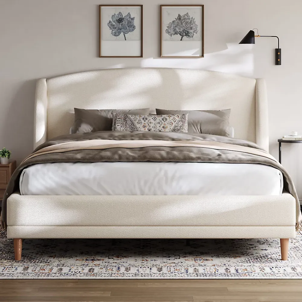 ModernLuxe Lit capitonné 140x190 cm - Tête de lit à oreilles - Pieds en bois d'hévéa - Sommier à lattes - Tissu bouclé - Blanc(sans matelas)* Lit Double