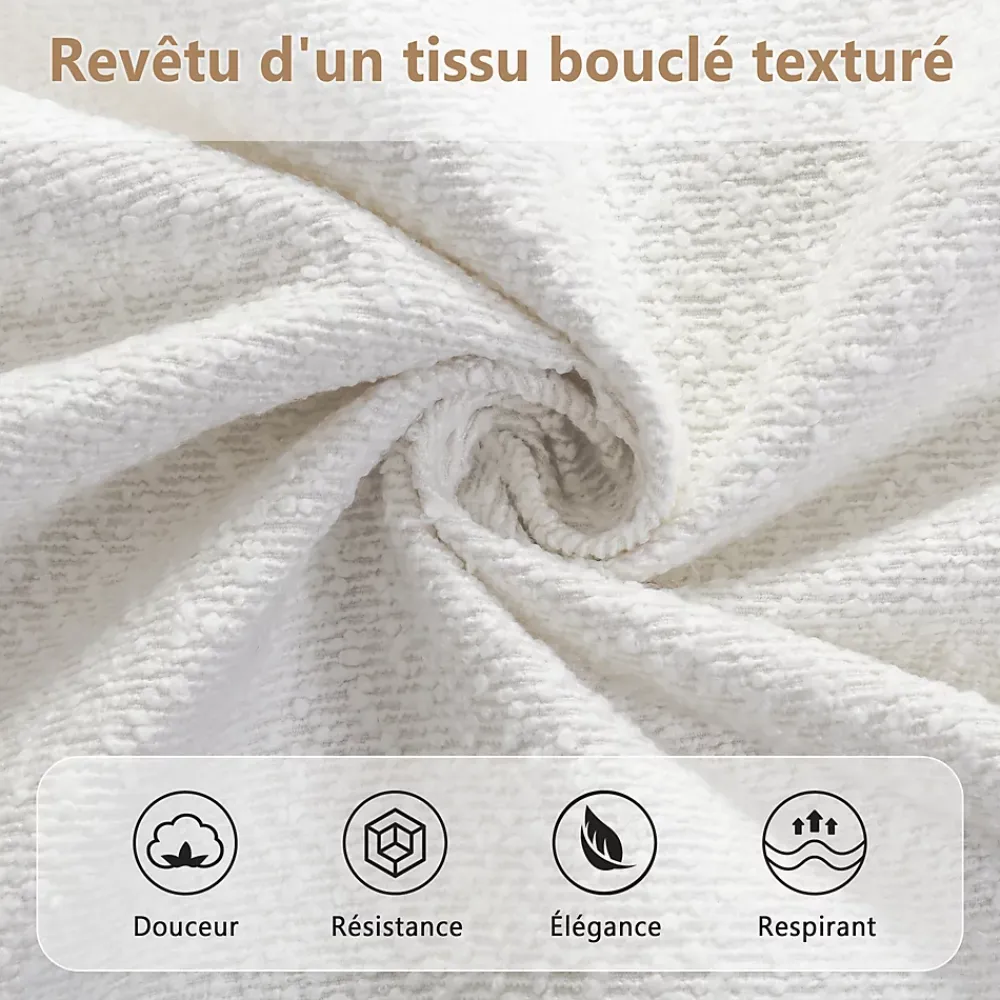 ModernLuxe Lit capitonné 140x190 cm - Tête de lit à oreilles - Pieds en bois d'hévéa - Sommier à lattes - Tissu bouclé - Blanc(sans matelas)* Lit Double