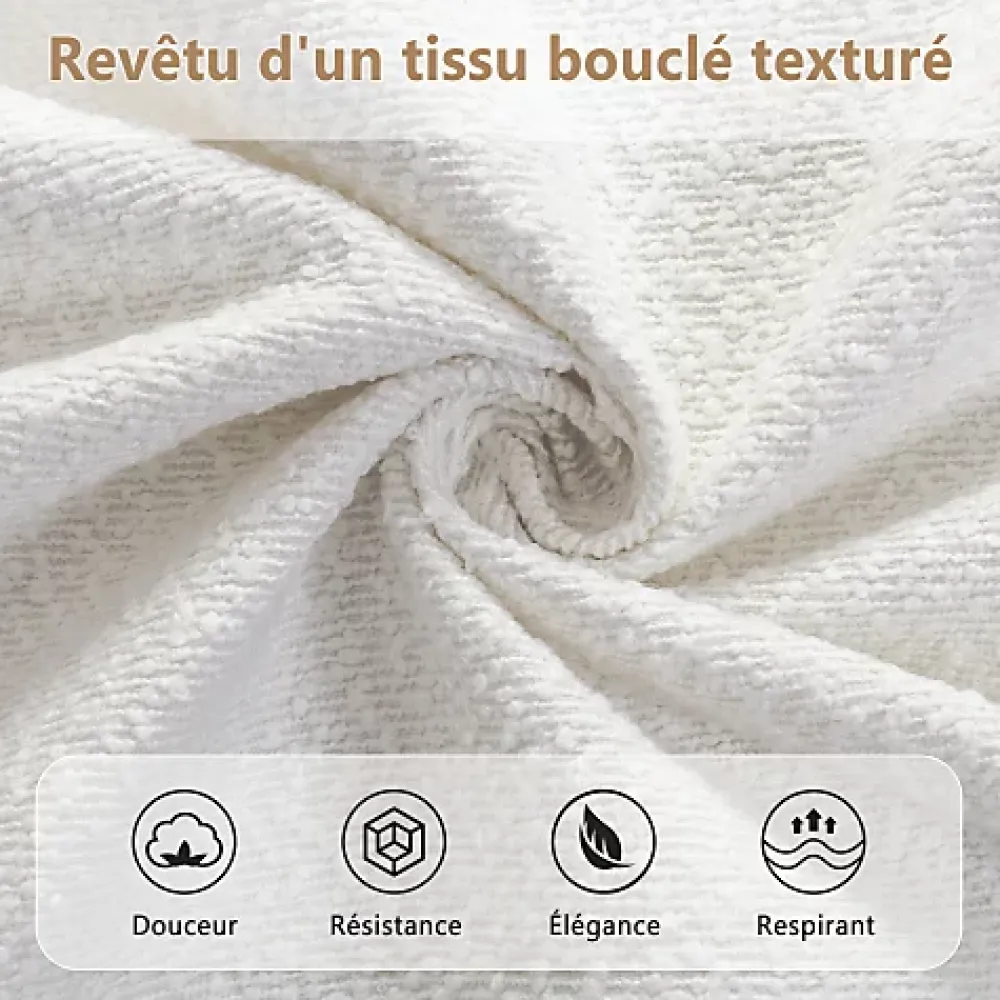 ModernLuxe Lit capitonné 140x190 cm - Tête de lit à oreilles - Pieds en bois d'hévéa - Sommier à lattes - Tissu bouclé - Blanc(sans matelas)* Lit Double