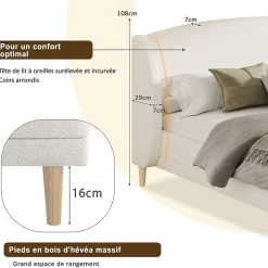 ModernLuxe Lit capitonné 140x190 cm - Tête de lit à oreilles - Pieds en bois d'hévéa - Sommier à lattes - Tissu bouclé - Blanc(sans matelas)* Lit Double
