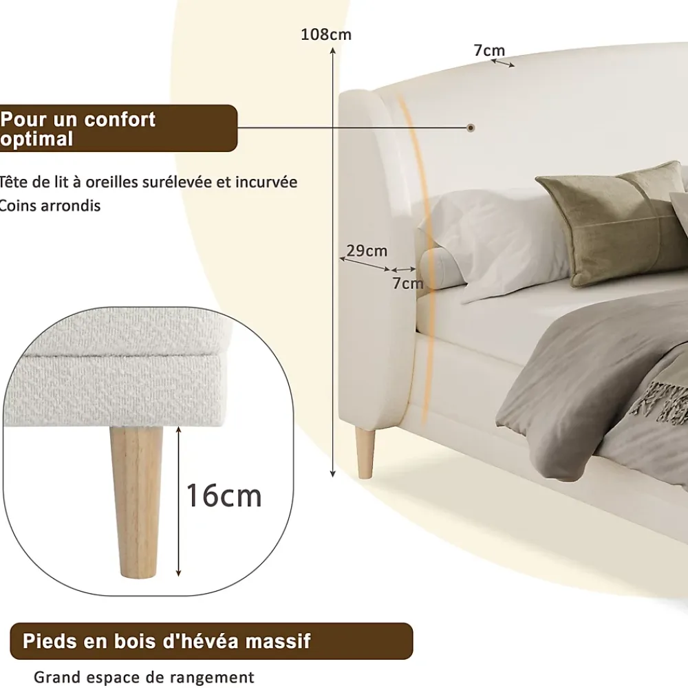 ModernLuxe Lit capitonné 140x190 cm - Tête de lit à oreilles - Pieds en bois d'hévéa - Sommier à lattes - Tissu bouclé - Blanc(sans matelas)* Lit Double