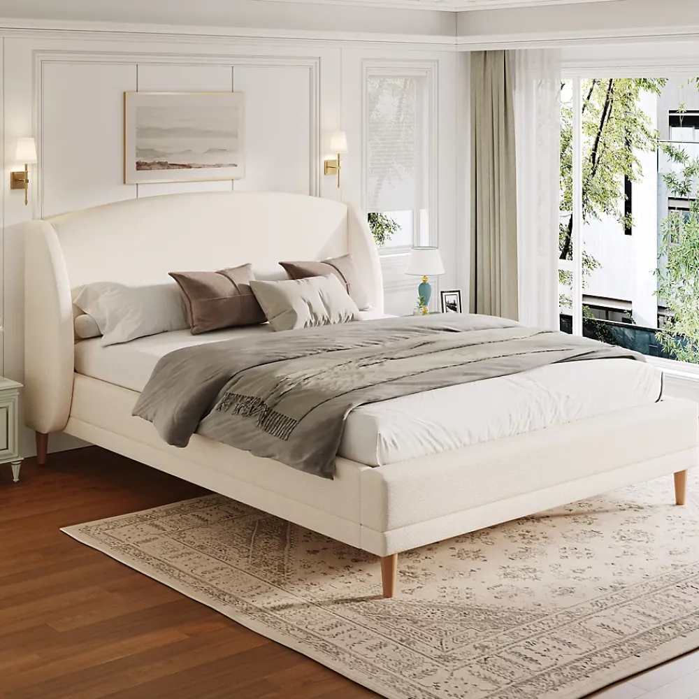 ModernLuxe Lit capitonné 140x190 cm - Tête de lit à oreilles - Pieds en bois d'hévéa - Sommier à lattes - Tissu bouclé - Blanc(sans matelas)* Lit Double