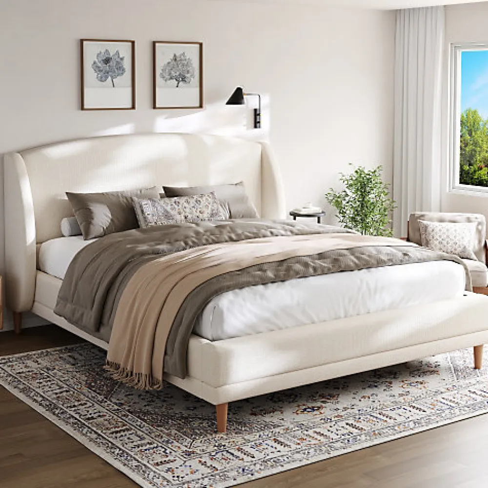 ModernLuxe Lit capitonné 140x190 cm - Tête de lit à oreilles - Pieds en bois d'hévéa - Sommier à lattes - Tissu bouclé - Blanc(sans matelas)* Lit Double