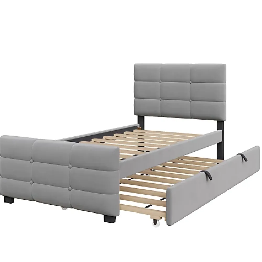ModernLuxe Lit capitonné 90x190cm - lit gigogne - velours - gris (matelas non inclus)* Lit Gigogne