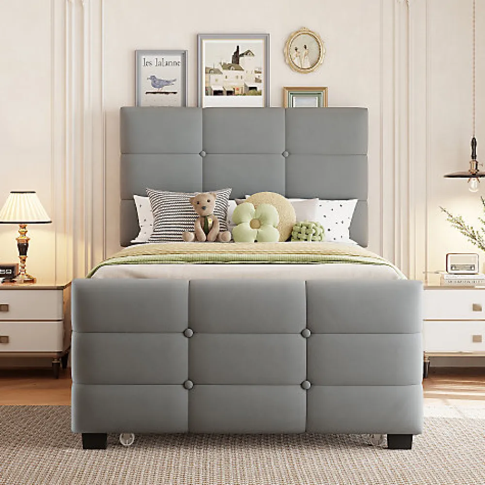 ModernLuxe Lit capitonné 90x190cm - lit gigogne - velours - gris (matelas non inclus)* Lit Gigogne