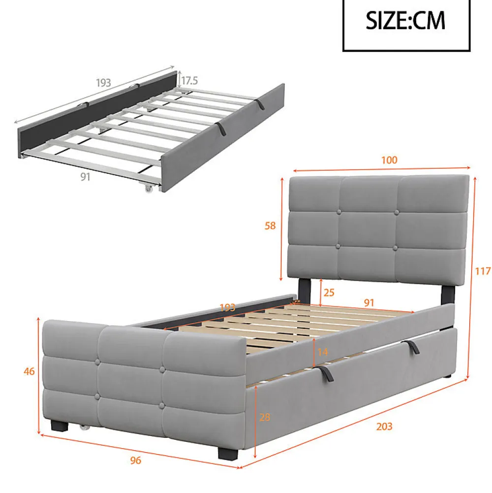 ModernLuxe Lit capitonné 90x190cm - lit gigogne - velours - gris (matelas non inclus)* Lit Gigogne