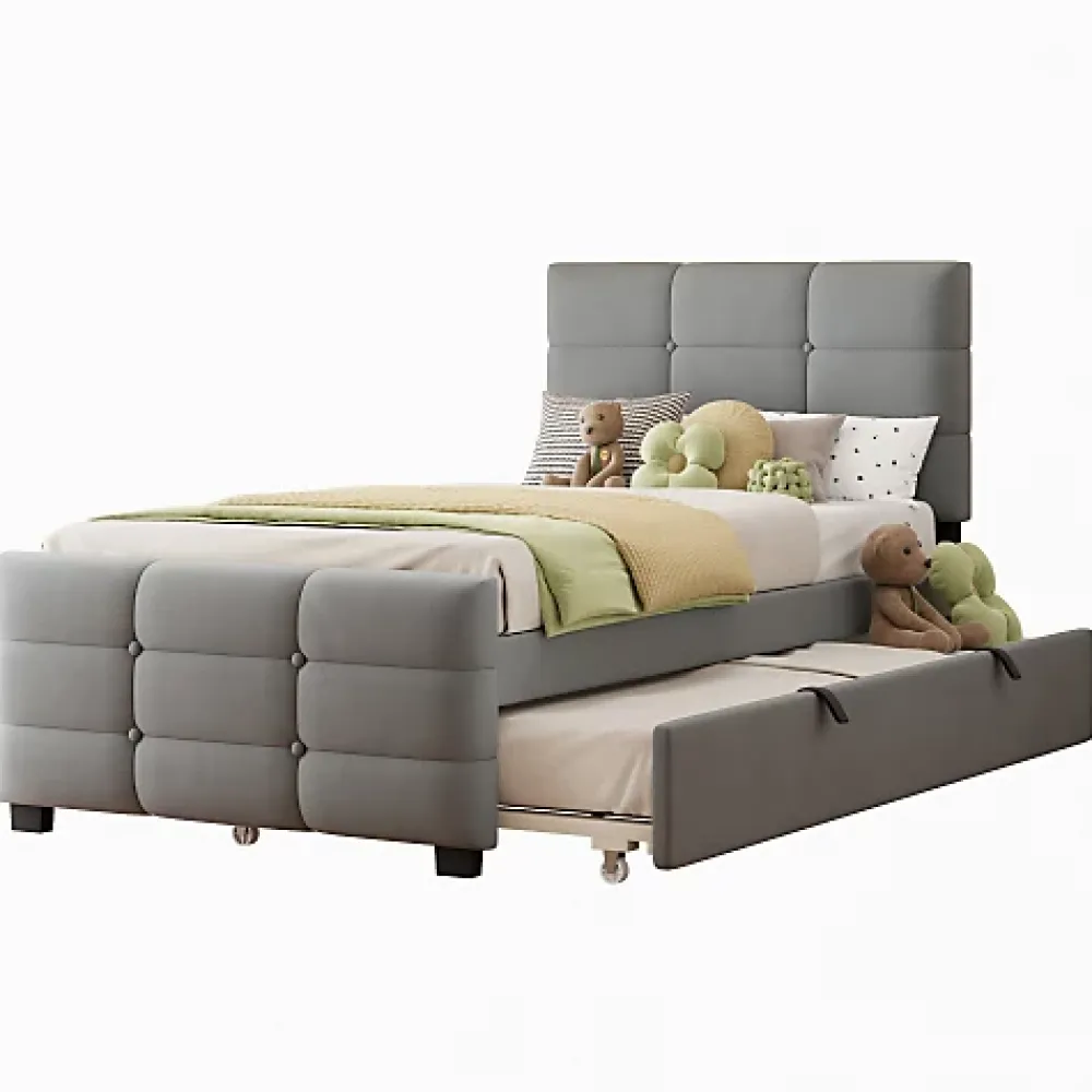 ModernLuxe Lit capitonné 90x190cm - lit gigogne - velours - gris (matelas non inclus)* Lit Gigogne