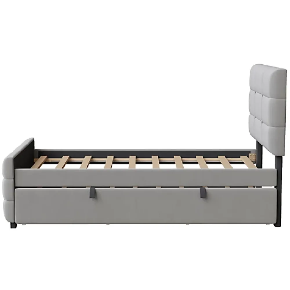 ModernLuxe Lit capitonné 90x190cm - lit gigogne - velours - gris (matelas non inclus)* Lit Gigogne