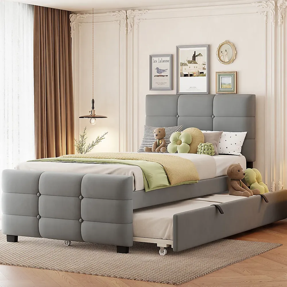 ModernLuxe Lit capitonné 90x190cm - lit gigogne - velours - gris (matelas non inclus)* Lit Gigogne