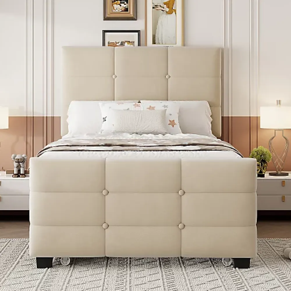 ModernLuxe Lit capitonné 90x190cm - lit gigogne - velours - beige (matelas non inclus)* Lit Gigogne